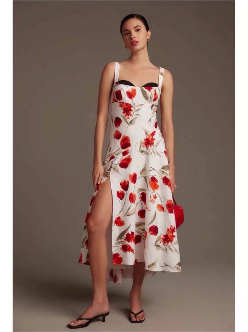 Reformation Floral White and Red Midi Dress with Sweetheart Neckline